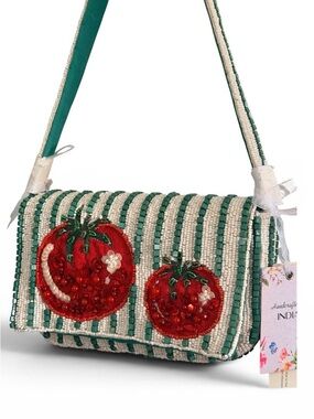 Handcrafted Green & White Beaded Crossbody Bag with Red Tomato Embroidery